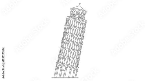 Outline drawing of an iconic leaning tower, famous historical landmark, isolated white background