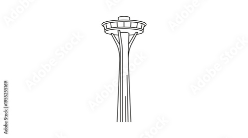 Outline drawing of a tall observation tower, iconic landmark, isolated white background