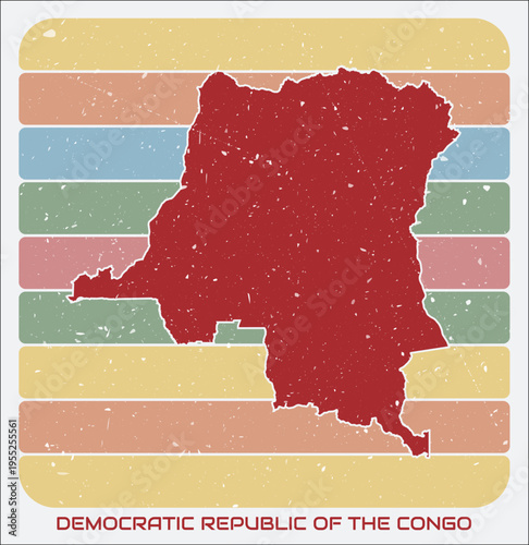 Democratic Republic of the Congo vintage logo. Shape of the country on retro colored stripes background. Democratic Republic of the Congo map design with grunge scratch texture. Vector illustration.
