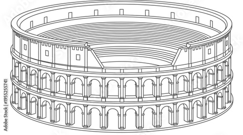 Detailed top down outline drawing of the Roman Colosseum, showing the inner arena, on an isolated white background.