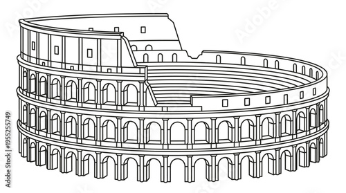 Top down view outline drawing of the Roman Colosseum, an ancient amphitheater, on an isolated white background.