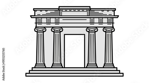 Outline drawing of an ancient Greek or Roman temple facade with two large columns and a decorative roof on an isolated white background.