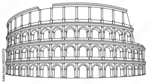 Ancient Roman Colosseum outline, a majestic historical amphitheater in Rome, Italy, isolated white background.