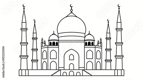 Iconic Taj Mahal Palace Outline Illustration on Isolated White Background