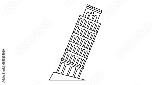 Iconic Leaning Tower of Pisa Architectural Outline on Isolated White Background