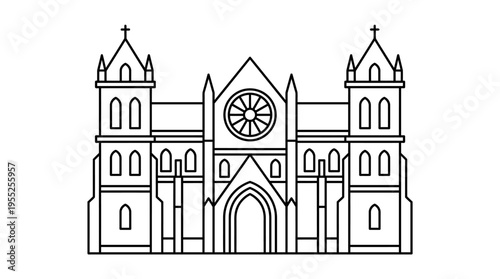 Detailed front view outline of a grand European cathedral, showcasing religious architecture, isolated white background.