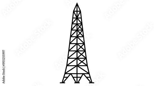 Industrial oil derrick or communication tower structure, isolated white background line art.