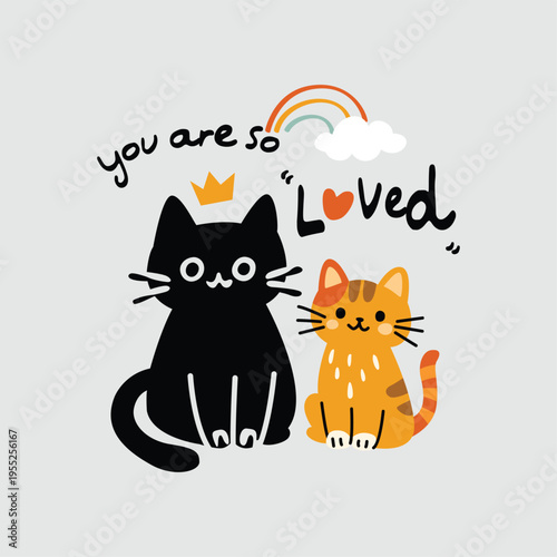 Cute Cartoon Cats with 'You are so Loved' Message and Rainbow Illustration