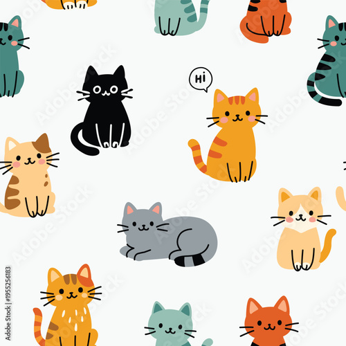Cute Cartoon Cat Seamless Pattern
