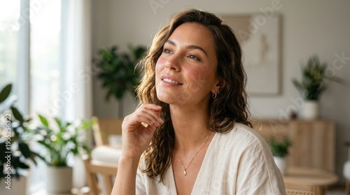 A woman with wavy brown hair smiles gently while looking off into the distance. She is wearing a light-colored top and a delicate gold necklace. Free Download A woman with wavy brown hair smiles gently while looking off into the distance. She is wearing a light-colored top and a delicate gold necklace. - GFXLoad