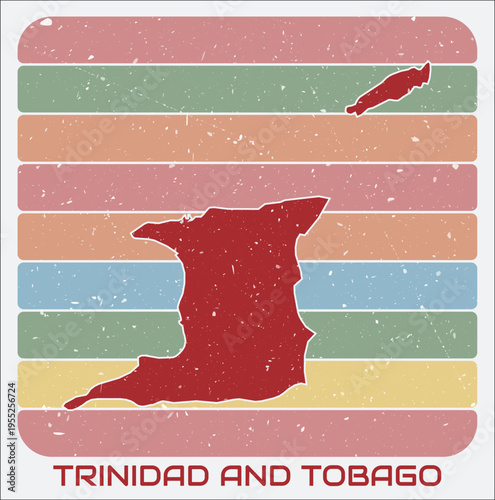 Trinidad and Tobago vintage logo. Shape of the country on retro colored stripes background. Trinidad and Tobago map design with grunge scratch texture. Vector illustration.