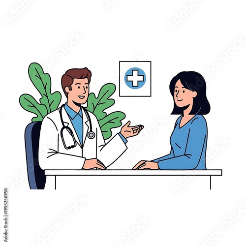 Flat Vector Illustration of Doctor Consulting Patient at Desk for Clinic