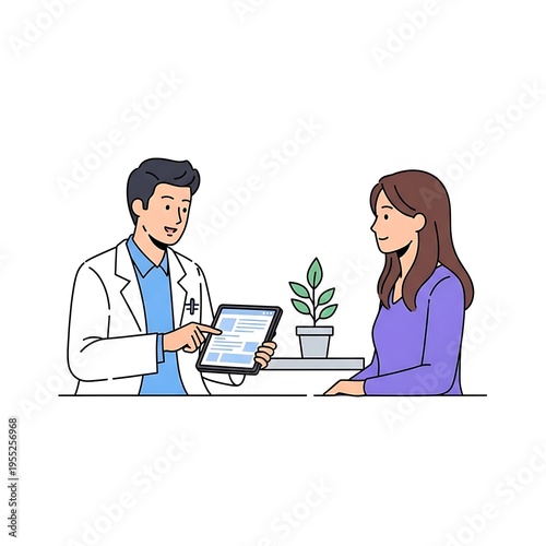 Flat Vector Illustration of Doctor Showing Tablet to Patient