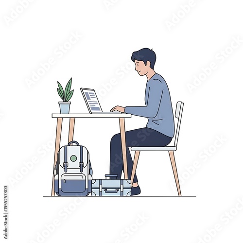 Flat Vector Illustration of Young Man Working on Laptop for Travel