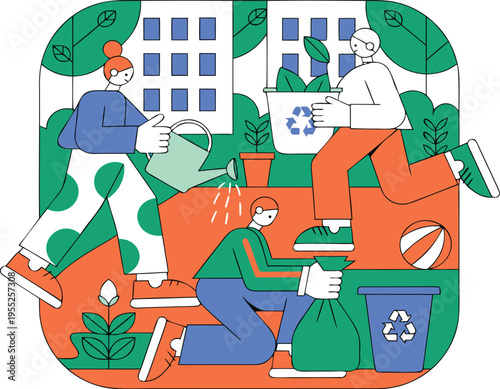 Urban Eco Lifestyle with Recycling, Gardening and Community Cleanup for Sustainable Living Flat Vector Illustration