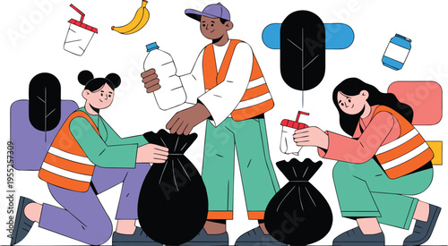Volunteers Collecting Trash and Sorting Waste for Environmental Cleanup and Recycling Flat Vector Illustration