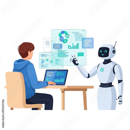 Flat Vector Illustration of Developer and Robot for Collaboration