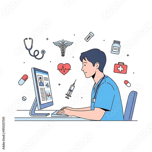 Flat Illustration of a Doctor Using Computer for Healthcare