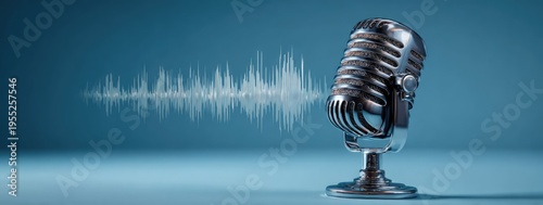 Vintage Microphone with Sound Waves on Blue Background.