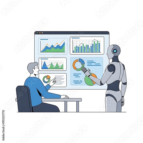 Flat Illustration of Data Analysis with Human and Robot for Finance