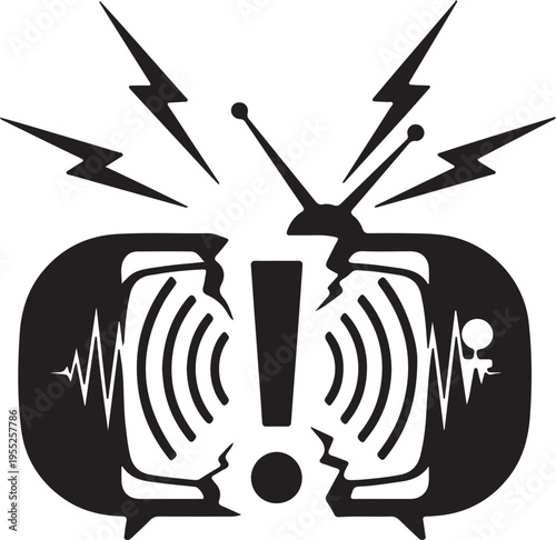 A symbolic illustration of a television shattering, featuring an exclamation mark, sound waves, and lightning bolts, representing breaking news or an urgent broadcast.
