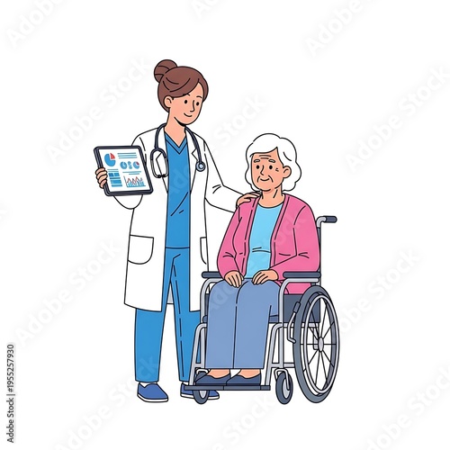 Flat Vector Illustration of Nurse Showing Tablet to Senior Woman