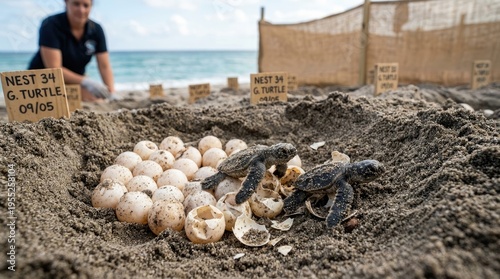 A conservationist monitors a sea turtle nest on a sandy beach. Numerous baby sea turtles are emerging from their shells and crawling towards the ocean.
