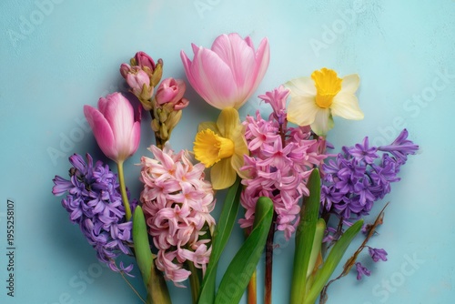 Vibrant Spring Flowers Bouquet on a Light Blue Background.