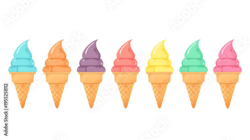 Colorful ice cream cones with various flavors are displayed on a table indoors.