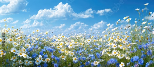 Vibrant Field of White and Blue Flowers Under a Bright Blue Sky with Fluffy Clouds.