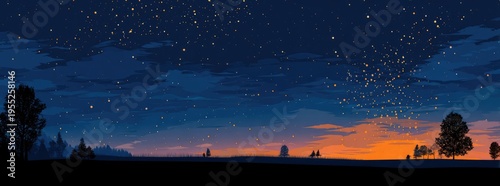 Stunning Starry Night Sky Over Serene Landscape with Sunset Glow.