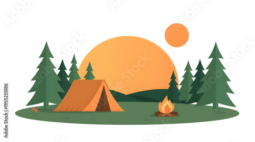 Camping scene with tent, fire, trees, sunset, and landscape view outdoors