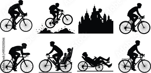Vector silhouette set of diverse cyclists including road racing mountain biking city commuting recumbent bicycle and family bike with child seat