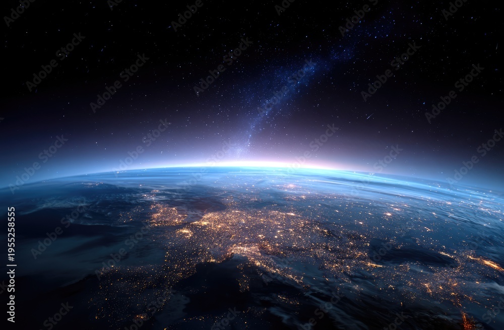 Naklejka premium Stunning View of Earth from Space with City Lights and Atmospheric Glow.