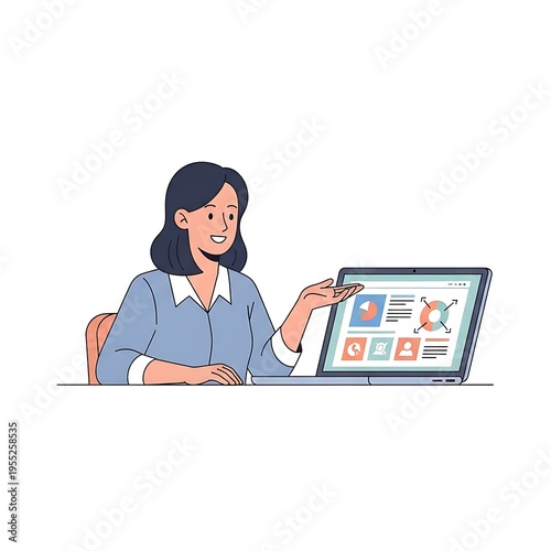 Flat Vector Illustration of Woman Presenting Data on Laptop for Business