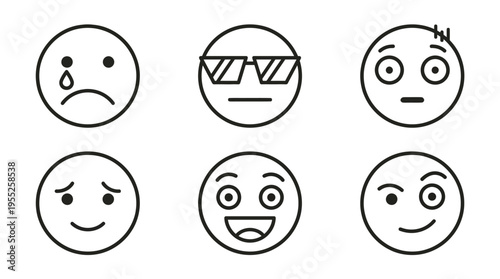 Collection of six diverse emoji outline icons, displaying a range of emotions including crying, cool, surprised, slightly sad, wide smile, and happy, isolated white background.