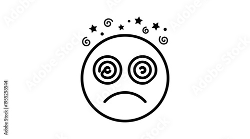 Extremely dizzy and confused emoji outline icon with spiral eyes, sad mouth, and floating stars, symbolizing severe disorientation or being stunned, isolated white background.