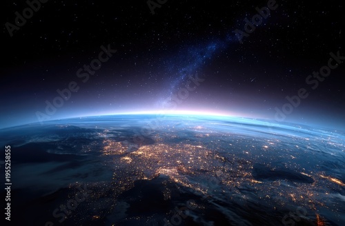 Stunning View of Earth from Space with City Lights and Atmospheric Glow.