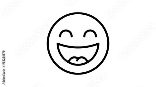 Broadly smiling emoji outline icon, displaying delight and cheerfulness, isolated white background.