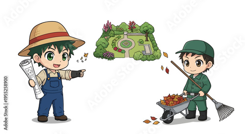 Two cartoon gardeners planning garden.