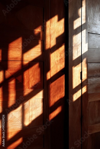 Strong directional sunlight casts patterned shadows across warm wooden door surfaces