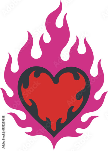 Simple graphic illustration of a red heart with dark grey accents encircled by bright pink fire