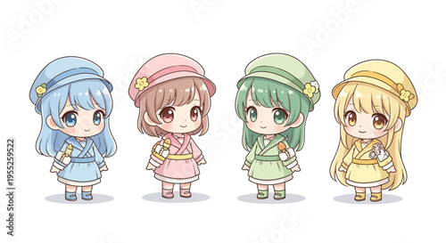 Cute cartoon girl characters line.
