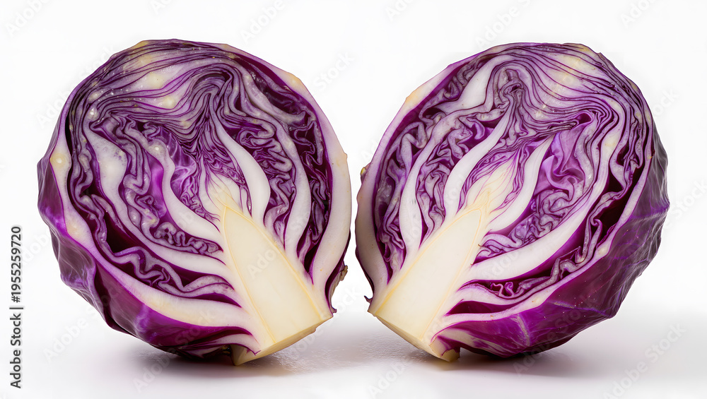 Obraz premium Halved Red Cabbage Showing Internal Cross Section Texture on White Background