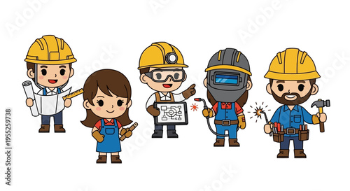 Cartoon construction workers team.
