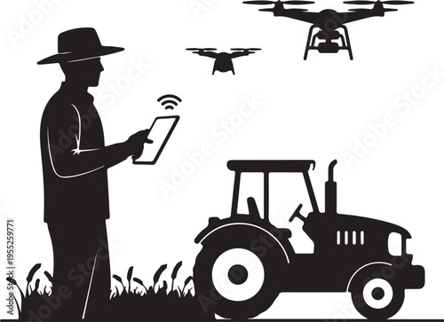 Farmer with tablet controls drones and a tractor, depicting smart agriculture with modern technology and equipment.