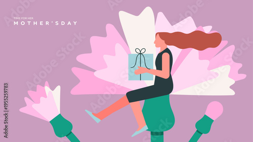Woman holding gift on large pink carnation Mother's Day illustration