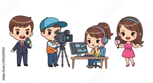 Cartoon people working media production.