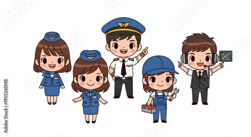 Cartoon airline flight attendants pilots.