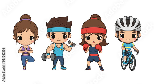 Cartoon athletes in fitness poses.